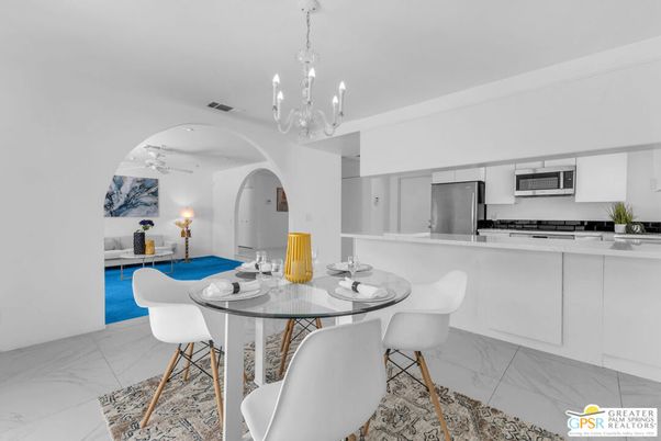 Chandelier, Dining room, Interior, Kitchen, Marble, Stainless Steel Appliances