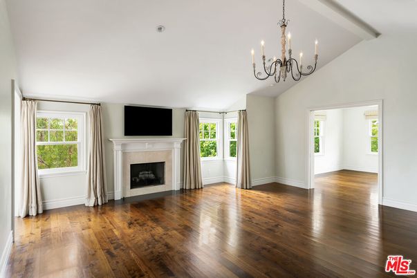 Chandelier, Empty room, Fireplace, Interior, Wood Texture Flooring