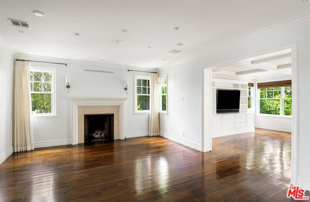 Empty room, Fireplace, Interior, Recessed Lighting, Wood Texture Flooring