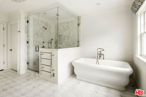 Bathroom, Free Standing Baths, Glass Shower, Interior, Marble, Marble Walls, Recessed Lighting
