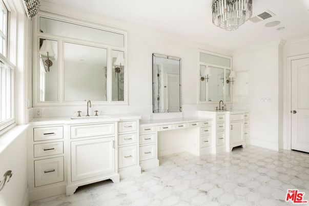 Bathroom, Chandelier, Dual Sink Vanities, Interior, Marble