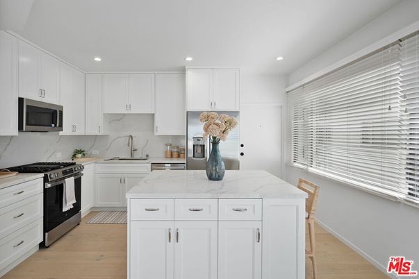 Interior, Kitchen, Marble Walls, Recessed Lighting, Wood Texture Flooring
