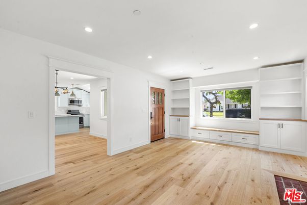 Empty room, Interior, Kitchen, Pendant Lights, Recessed Lighting, Wood Texture Flooring