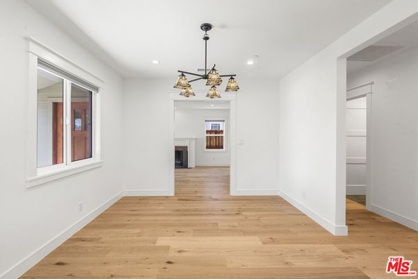 Empty room, Fireplace, Interior, Pendant Lights, Recessed Lighting, Wood Texture Flooring