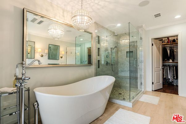 Bathroom, Chandelier, Free Standing Baths, Glass Shower, Interior, Recessed Lighting, Walk-in Closets, Wood Texture Flooring