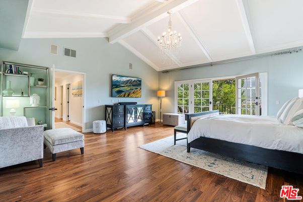Bedroom, Chandelier, Fireplace, Interior, Wood Texture Flooring