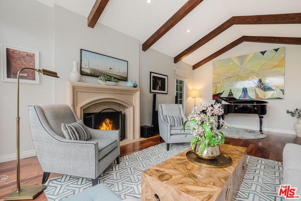Fireplace, Interior, Living room, Piano, Recessed Lighting, Wooden Beams, Wood Texture Flooring