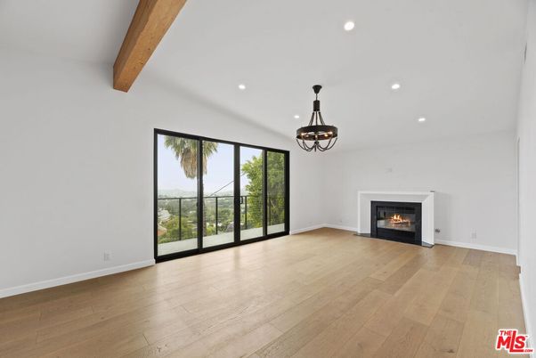 Empty room, Fireplace, Interior, Pendant Lights, Recessed Lighting, Wooden Beams, Wood Texture Flooring