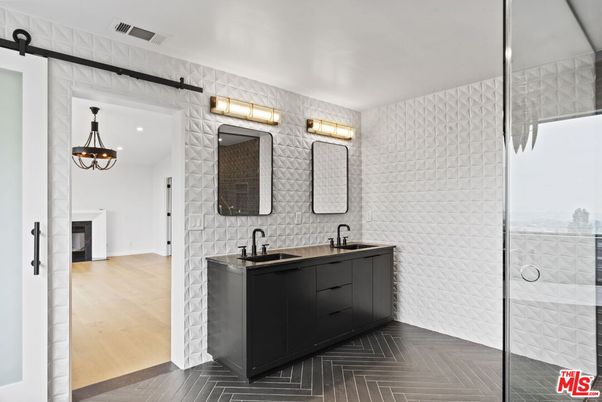 Bathroom, Dual Sink Vanities, Interior, Pendant Lights, Recessed Lighting, Wood Texture Flooring