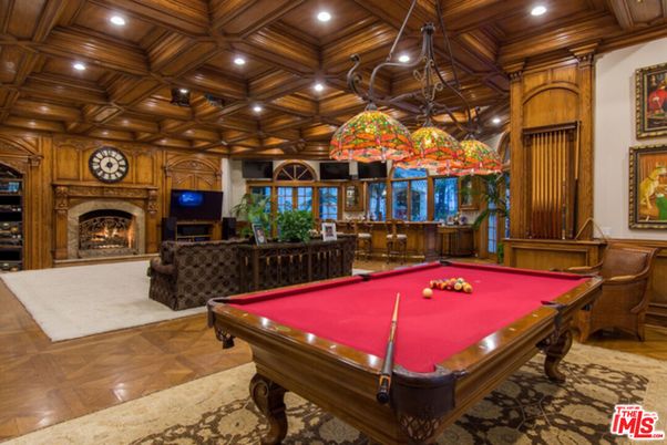 Billiard Table, Fireplace, Game Room, Interior, Pendant Lights, Recessed Lighting, Wooden Beams, Wooden Ceilings, Wood Texture Flooring, Wooden Walls