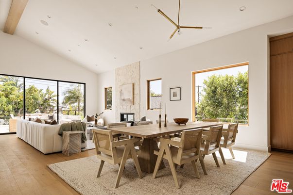 Dining room, Fireplace, Interior, Living room, Pendant Lights, Recessed Lighting, Wooden Beams, Wood Texture Flooring