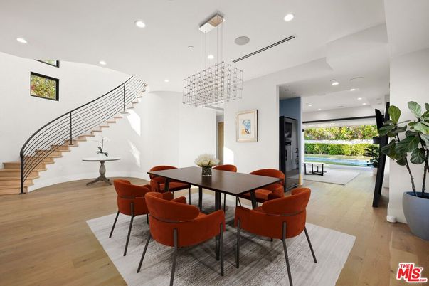 Dining room, Interior, Pendant Lights, Recessed Lighting, Wood Texture Flooring