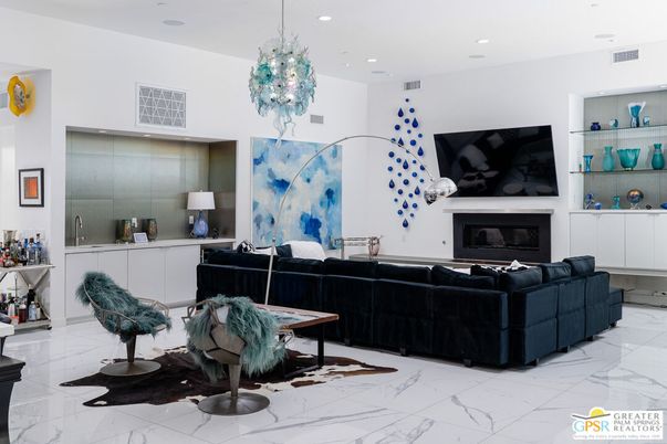Fireplace, Interior, Living room, Marble, Pendant Lights, Recessed Lighting