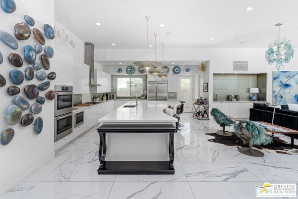 Interior, Kitchen, Living room, Marble, Pendant Lights, Recessed Lighting, Stainless Steel Appliances