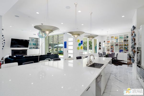 Dining room, Fireplace, Interior, Kitchen, Living room, Marble, Pendant Lights, Recessed Lighting