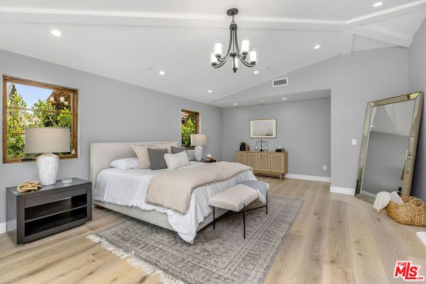 Bedroom, Chandelier, Interior, Recessed Lighting, Wood Texture Flooring
