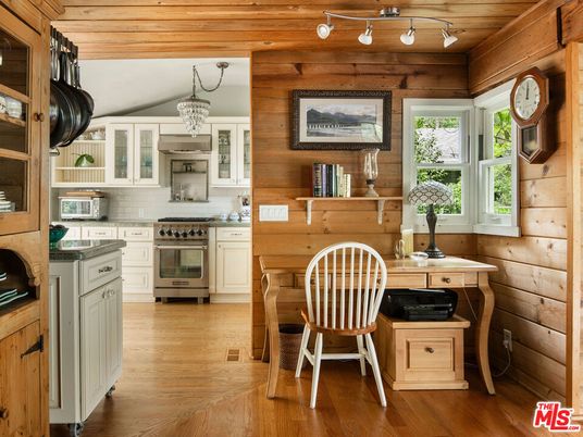 Chandelier, Interior, Kitchen, Stainless Steel Appliances, Wooden Ceilings, Wood Texture Flooring, Wooden Walls