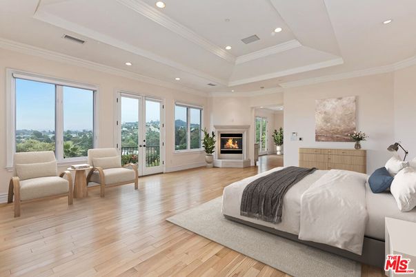 Bedroom, Fireplace, Interior, Recessed Lighting, Wood Texture Flooring