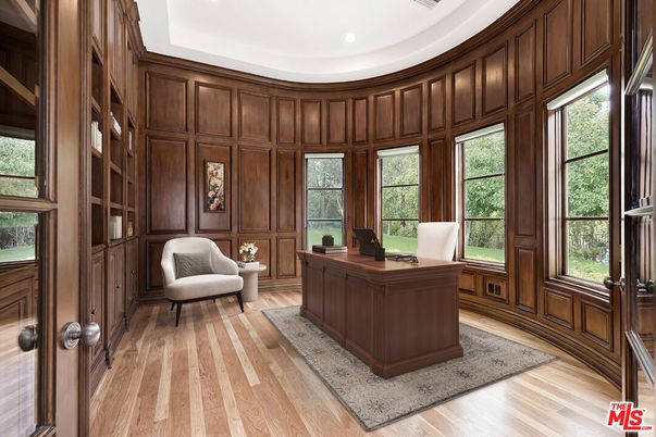 Home Office, Interior, Recessed Lighting, Wood Texture Flooring, Wooden Walls