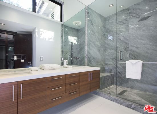 Bathroom, Dual Sink Vanities, Glass Shower, Interior, Marble Walls, Recessed Lighting