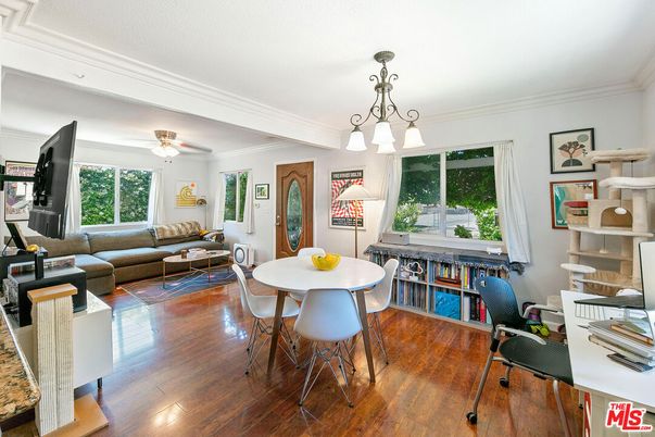 Dining room, Interior, Living room, Pendant Lights, Wood Texture Flooring
