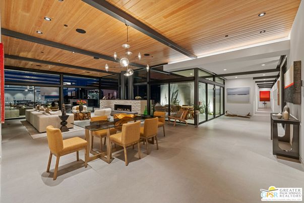 Dining room, Fireplace, Interior, Living room, Pendant Lights, Recessed Lighting, Wooden Ceilings
