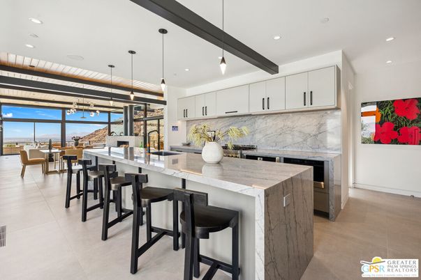 Dining room, Interior, Kitchen, Marble Walls, Pendant Lights, Recessed Lighting, Stainless Steel Appliances, Water
