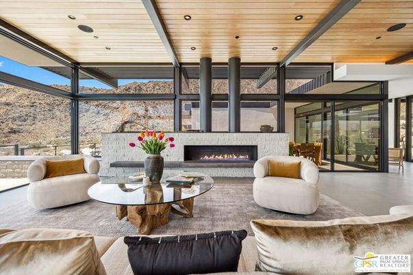 Fireplace, Interior, Living room, Recessed Lighting, Wooden Ceilings