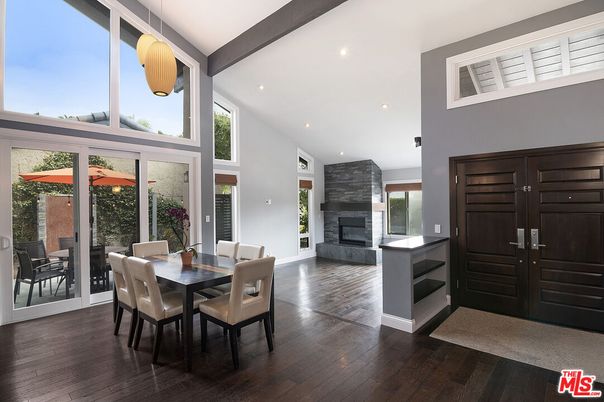 Dining room, Fireplace, Interior, Pendant Lights, Recessed Lighting, Wood Texture Flooring