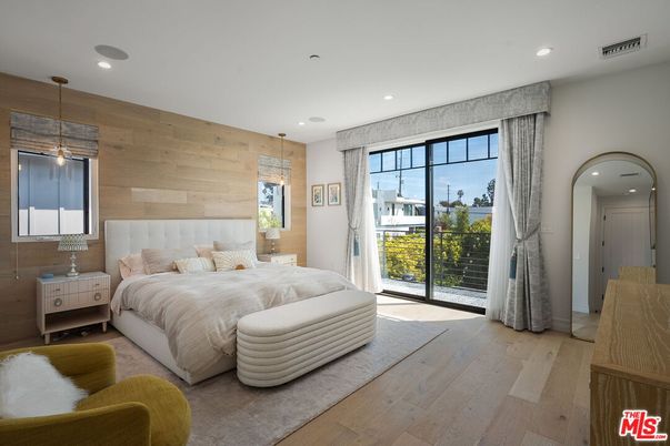 Bedroom, Interior, Pendant Lights, Recessed Lighting, Wood Texture Flooring, Wooden Walls