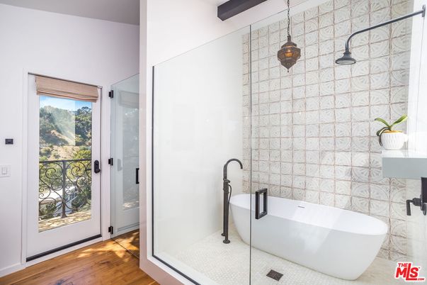 Bathroom, Free Standing Baths, Glass Shower, Interior, Wood Texture Flooring