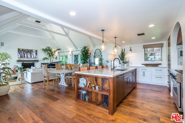 Dining room, Fireplace, Interior, Kitchen, Living room, Pendant Lights, Recessed Lighting, Wood Texture Flooring