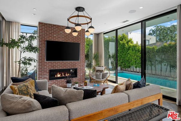 Fireplace, Interior, Living room, Pendant Lights, Recessed Lighting, Stone Walls
