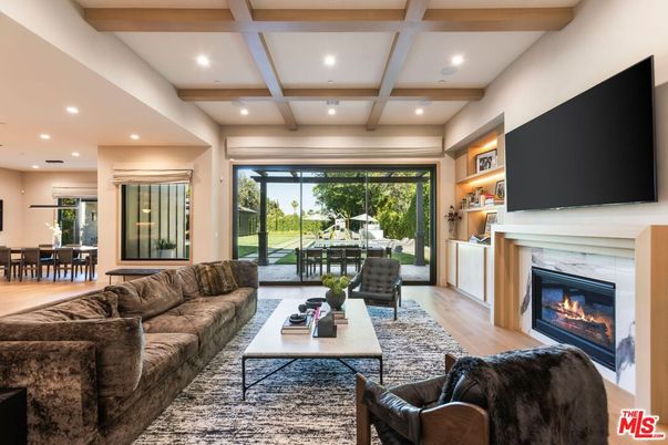 Dining room, Fireplace, Interior, Living room, Recessed Lighting, Wooden Beams, Wood Texture Flooring