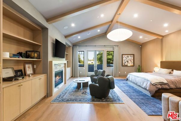Bedroom, Fireplace, Interior, Pendant Lights, Recessed Lighting, Wooden Beams, Wood Texture Flooring