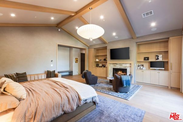 Bedroom, Fireplace, Interior, Pendant Lights, Recessed Lighting, Wooden Beams, Wood Texture Flooring