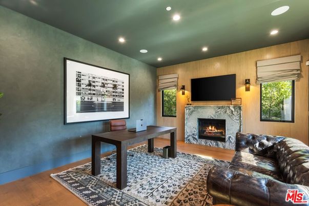 Fireplace, Interior, Living room, Recessed Lighting, Wood Texture Flooring, Wooden Walls