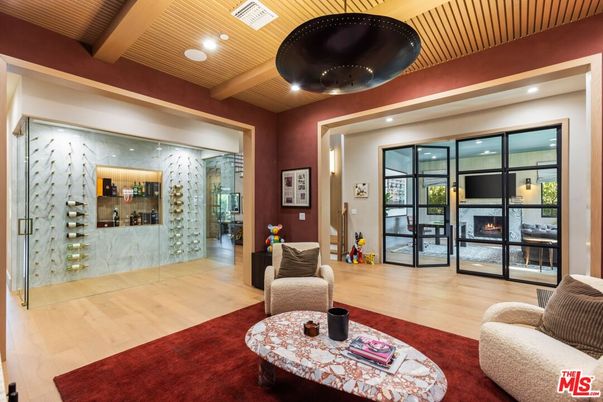 Fireplace, Interior, Recessed Lighting, Wine Storage, Wooden Ceilings, Wood Texture Flooring