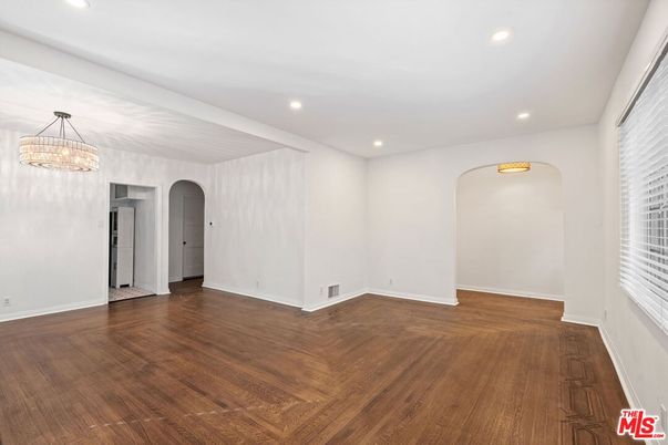 Chandelier, Empty room, Interior, Recessed Lighting, Wood Texture Flooring