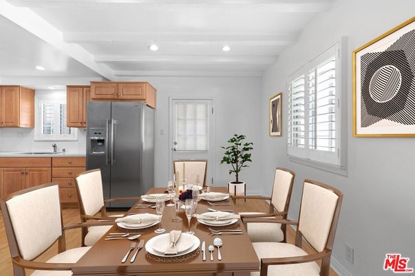 Dining room, Interior, Kitchen, Recessed Lighting, Stainless Steel Appliances, Wood Texture Flooring