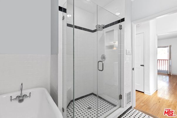 Bathroom, Glass Shower, Interior, Wood Texture Flooring