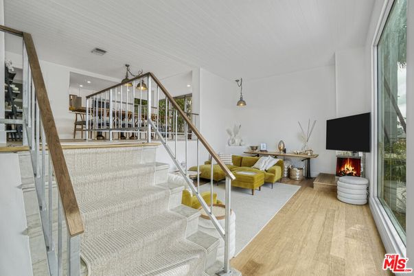 Fireplace, Interior, Pendant Lights, Recessed Lighting, Wood Texture Flooring