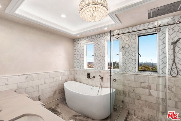 Bathroom, Chandelier, Free Standing Baths, Glass Shower, Interior, Recessed Lighting