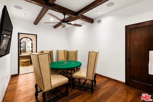 Dining room, Game Room, Interior, Recessed Lighting, Wooden Beams, Wood Texture Flooring