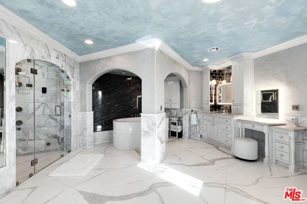 Bathroom, Glass Shower, Interior, Marble, Marble Walls, Recessed Lighting