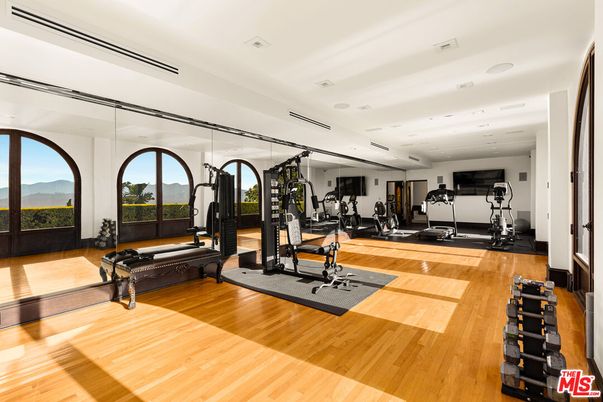 Fitness Equipment, Gym, Interior, Recessed Lighting, Wood Texture Flooring