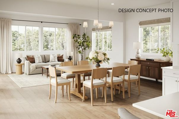 Dining room, Interior, Living room, Pendant Lights, Recessed Lighting, Wood Texture Flooring