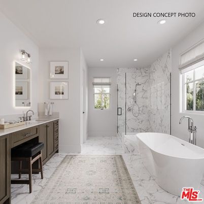 Bathroom, Free Standing Baths, Glass Shower, Interior, Marble, Marble Walls, Recessed Lighting