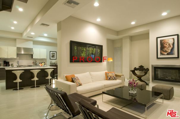 Fireplace, Interior, Kitchen, Living room, Recessed Lighting, Stainless Steel Appliances