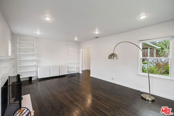Empty room, Fireplace, Interior, Recessed Lighting, Wood Texture Flooring